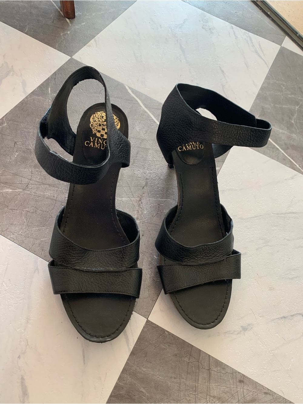 Vince Camuto Black Leather Strappy Block Heel Sandals